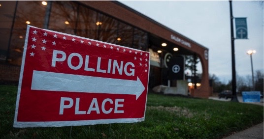 A sign posted outside Salem Chapel voting site reads Polling Place on Tuesday, March 5 — the day of the North Carolina primary elections. Wake Forest students registered with a South Campus address voted here.