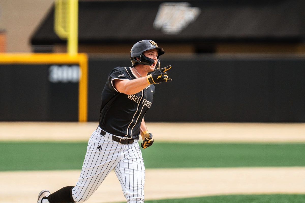 Nick Kurtz (8) had a pair of home runs on Sunday, ending a slump at the plate. However, the two home runs were not enough to surpass North Carolina, with the series ending in a Tar Heel sweep. (Courtesy of Wake Forest Athletics)