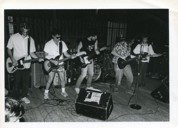 Gigging Floundermen at Ziggys (Left to right: John French, Chuck Dale Smith, Ed Bumgardner, Sam Moss, Mitch Easter) (Courtesy of Ed Bumgardner)