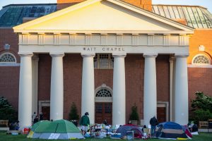 The protest held in front of Wait Chapel on April 30 evolved into an encampment, which was moved to Manchester Plaza on May 1. 