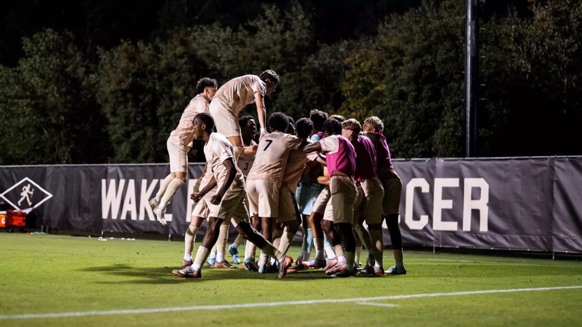 Wake Forest Men’s Soccer celebrates their 4-1 win over University of North Carolina Wilmington, their last non conference match before a three-game conference stretch to finish their regular season. (Courtesy of Wake Forest Athletics)