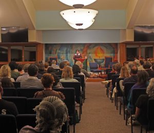 Attendees gathered in the Unitarian-Universalist Fellowship of Winston-Salem to hear Dr. Rabab Abdulhadi speak.