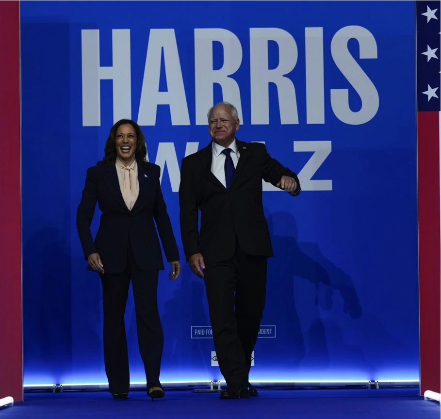 Vice President Kamala Harris and her running mate, Minnesota governor Tim Walz, make their debut at a Harris rally in Philadelphia, P.A. on Aug. 6. (Courtesy of AP Photo/Matt Rourke)