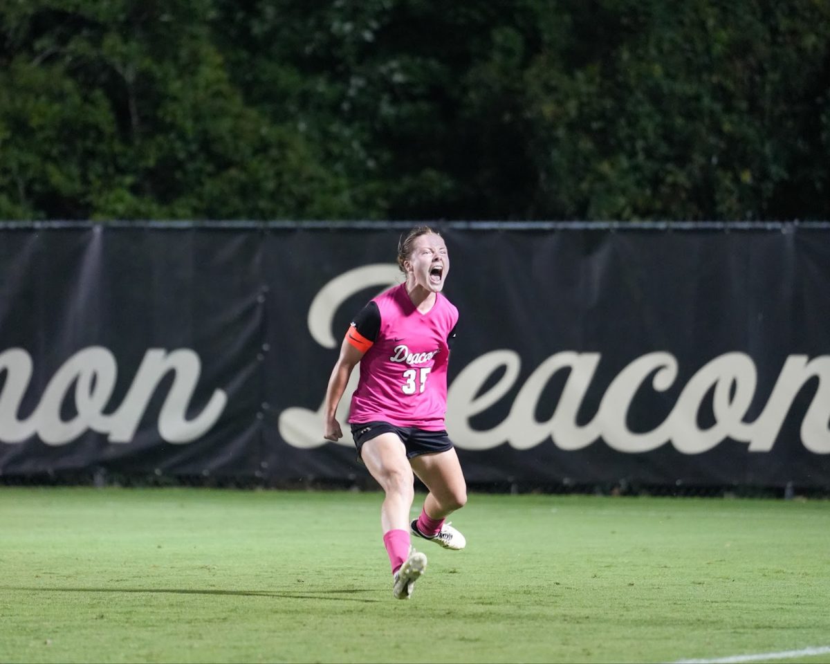 Senior forward Emily Murphy (35) celebrates after an assist in Thursday evenings’s match against Florida State.