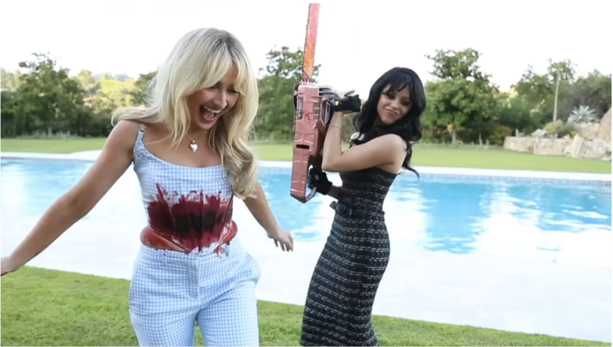 Sabrina Carpenter and Jenna Ortega provide the perfect inspiration for cute and gory looks in Carpenter’s “Taste” music video (image via Rolling Stone)
