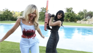 Sabrina Carpenter and Jenna Ortega provide the perfect inspiration for cute and gory looks in Carpenter’s “Taste” music video. (Courtesy of Rolling Stone)
