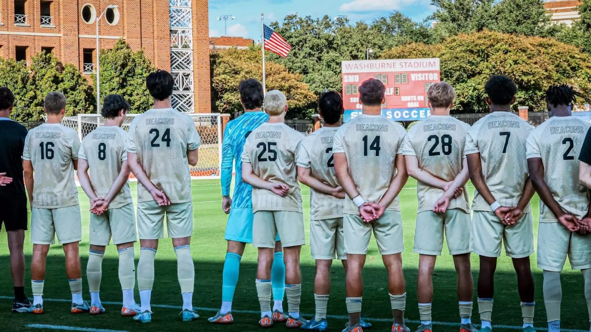 Wake Forest Men’s Soccer poses in the shadow of Washburne Stadium ahead of their match with ranked SMU. (Courtesy of Wake Forest Athletics)