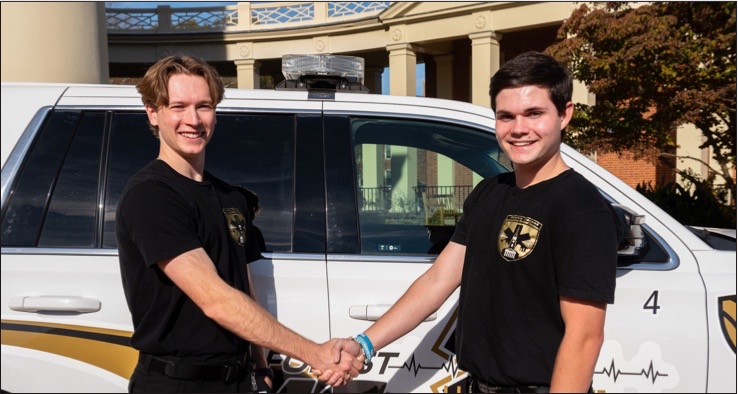 EMS Captain Nate Bozeman (left) and Chief Officer Hank Laxton (right) distributed the ‘Stop the Bleed Kits’ to address the growing threat of fentanyl and other mass trauma events on Wake Forest’s campus in hopes that students are well-equipped to assist others in emergency situations.