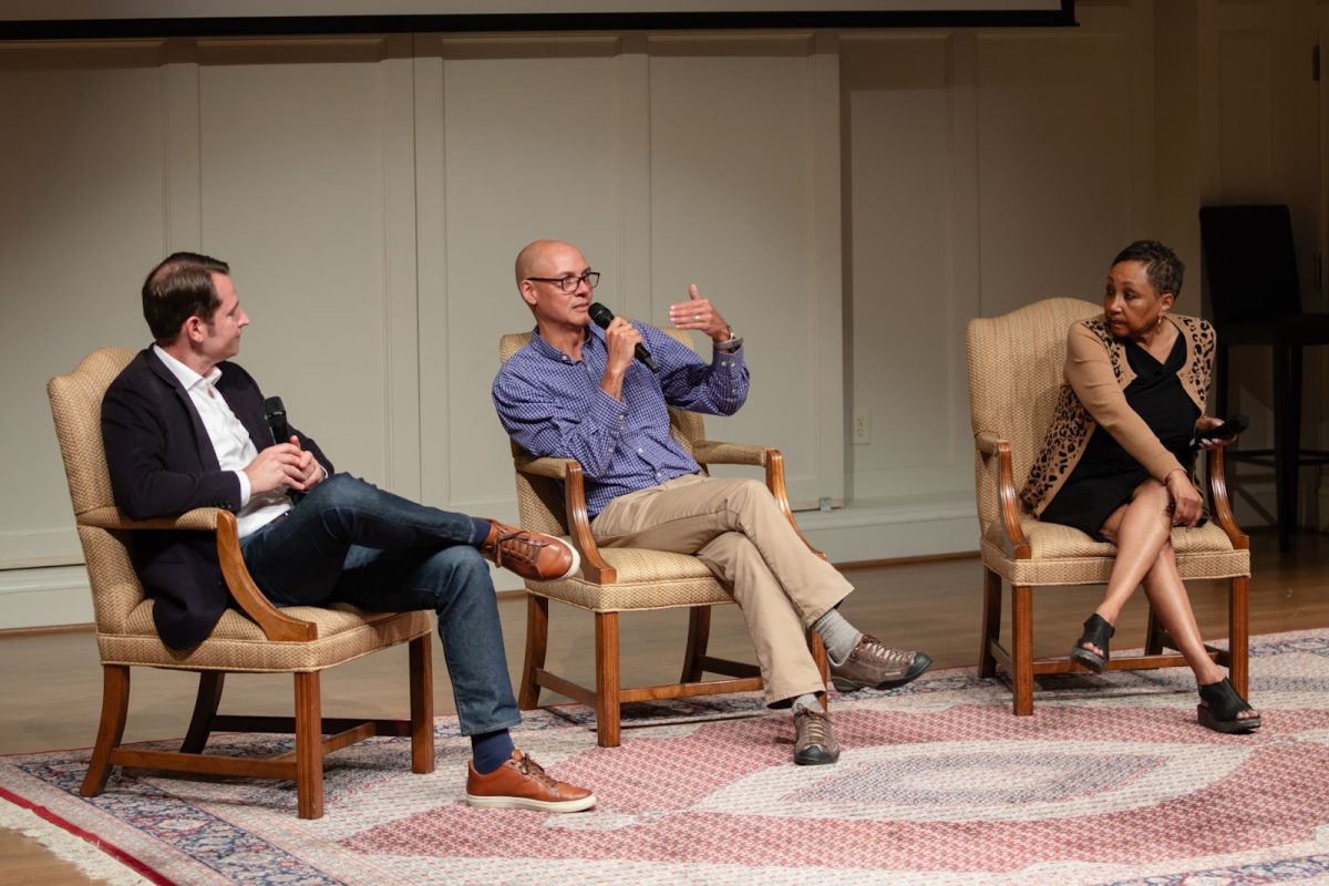 Following book introductions, Corban Addison and Ryan Emanuel answer questions from Melba Newsome and attendees. (Courtesy of Gwen Fletcher)