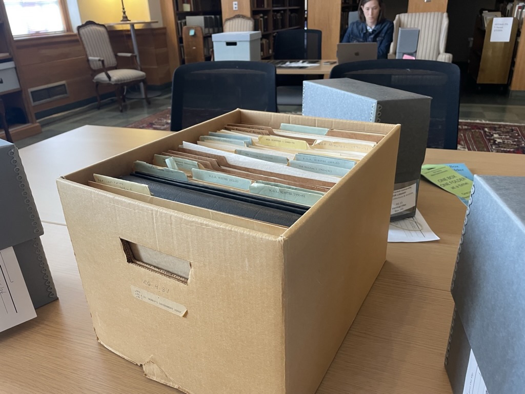 A box from the ZSR Archives includes documents from early WGA meetings as well as letters and transcripts pertaining to the admittance of women at the college. 