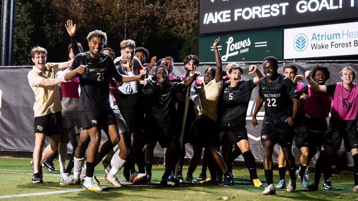 Wake Forest Men’s Soccer celebrates a victory over ranked, in-state opponent No. 12 NC State to conclude their regular season campaign. (Courtesy of Wake Forest Athletics)