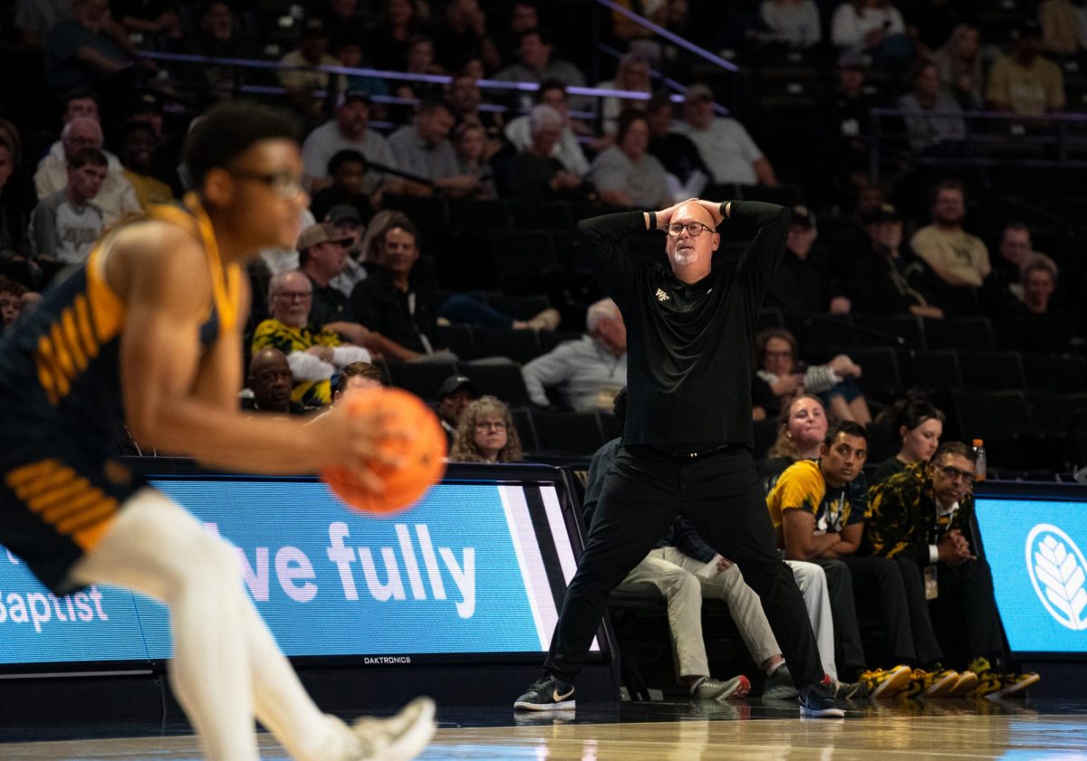 Wake Forest Men's Basketball Head Coach Steve Forbes reacts to a series of Demon Deacon turnovers.