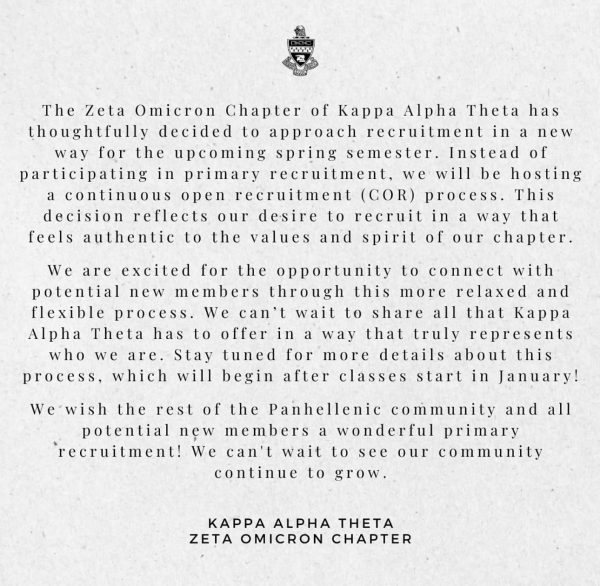 Kappa Alpha Theta will no longer participate in primary recruitment in the spring 2025 rush season. (Courtesy of @wfutheta on Instagram)