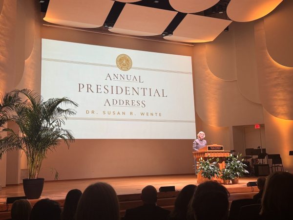 University President Susan Wente gave her third annual address in Scales Fine Arts Center last week. She highlighted several University accomplishments and emphasized the importance of academic freedom and community care. 