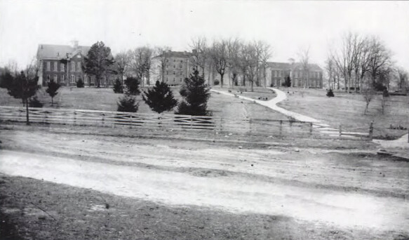 Earliest known photograph of Wake Forest College, pre-1880. (Courtesy of Wake Forest Historical Museum)