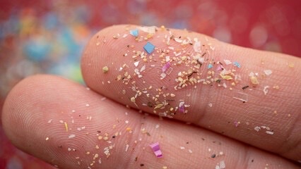 Vibrantly colored microplastics seen mixed in with sand. 