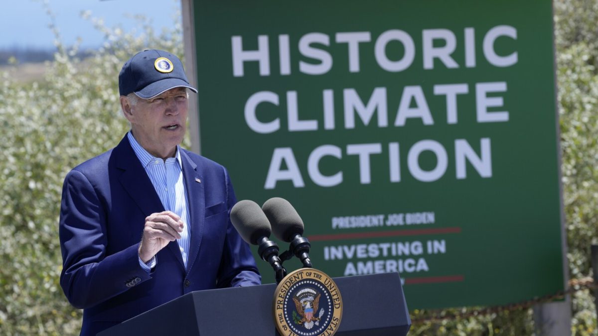 Former President Joe Biden speaking at the Lucy Evans Baylands Nature Interpretive Center and Preserve