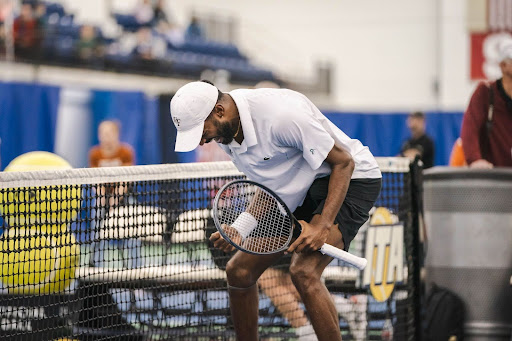 Wake Forest’s No. 7 DK Suresh Ekamabaram celebrates a point in the ITA Men’s National Team Indoor Championship semifinals against the Texas Longhorns. (Photo courtesy of Wake Forest Athletics)
