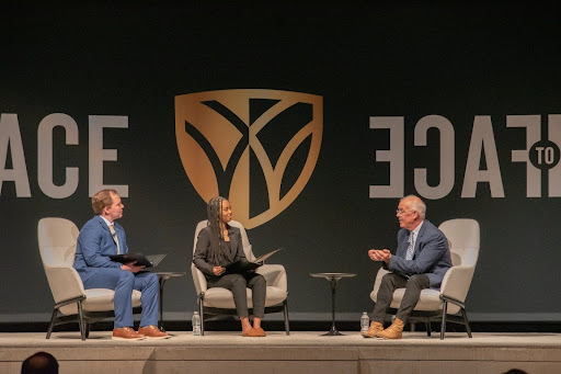 At the Face to Face Student- Led Event, David Brooks spoke with the moderators, senior Steven Cayea and master’s student Nasra Deria. 
