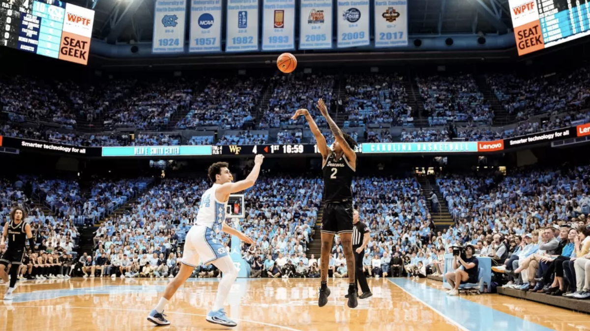 Sophomore guard Juke Harris fires a 3-pointer early in the first half. (Photo courtesy of Wake Forest Athletics)
