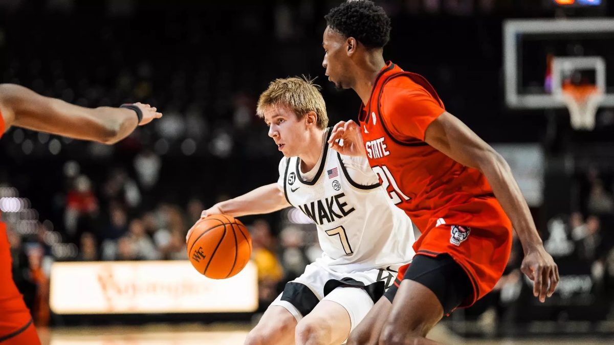 Juke Harris (2) played a competitive first half as he led all players in scoring with 15 points, but the rest of the team was as cold as the snowstorm in Winston-Salem this weekend. (Photo courtesy of Wake Forest Athletics)