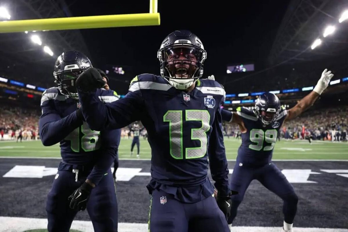 The Seahawks' defense celebrating in the endzone during their dominant performance on Saturday night. Seattle is currently viewed as the heavy favorite to win Super Bowl LX following their 41-6 victory over the San Francisco 49ers. (Photo Courtesy of The Athletic)