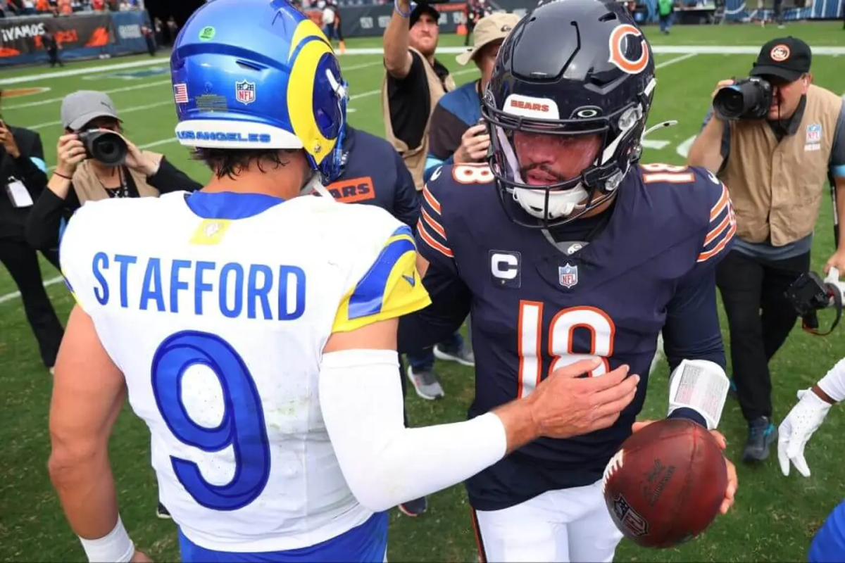 
Quarterbacks Caleb Williams and Matt Stafford meet up on the field. The leaders of the Rams and Bears are part of a loaded NFC playoff field. (Photo courtesy of The Athletic)