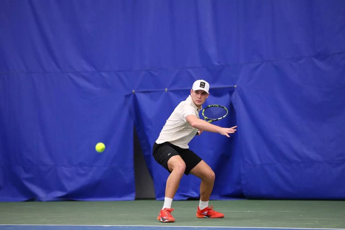 Freshman Mees Rottgering lining up for a forehand against his singles opponent. The southpaw dominated the competition in his first solo victory at Wake Forest. (Photo courtesy of Wake Forest Athletics)
