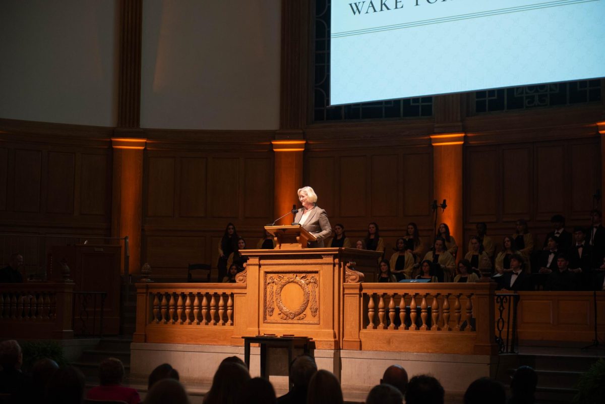 President Susan R. Wente gives her final Founders Day address in Wait Chapel on Feb. 19th.