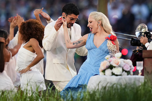 At the 2026 Super Bowl halftime show, Lady Gaga joined Bad Bunny with a Latin rendition of her song “Die With a Smile.” (Courtesy of the Associated Press)