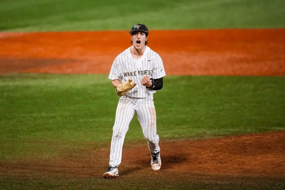 Lefty reliever Rhys Bowie (28) is seen fired up after an inning-ending strikeout on Saturday. Bowie would finish his outing with three innings of scoreless baseball. (Courtesy of Wake Forest Athletics)