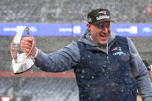 New England Patriots head coach Mike Vrabel celebrating the AFC Championship win against the Denver Broncos. (Photo Courtesy of Associated Press)