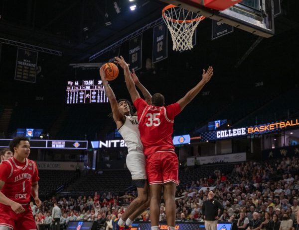 Juke Harris (2) goes up for a contested 2-point shot against the Illinois State Redbirds in the second round of the NIT.