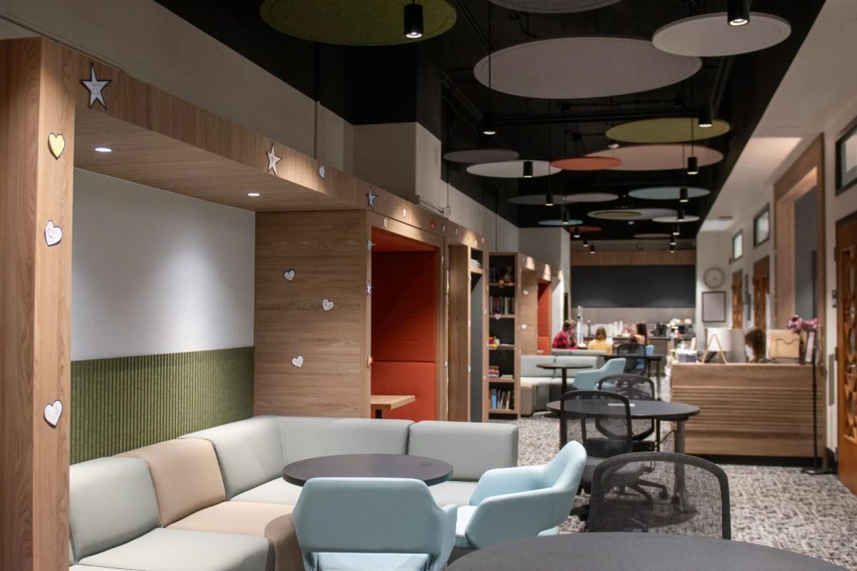 Renovated in summer 2025, the Writing Center boasts colorful decorations, multimedia capabilities and flexible seating for group collaboration. 
