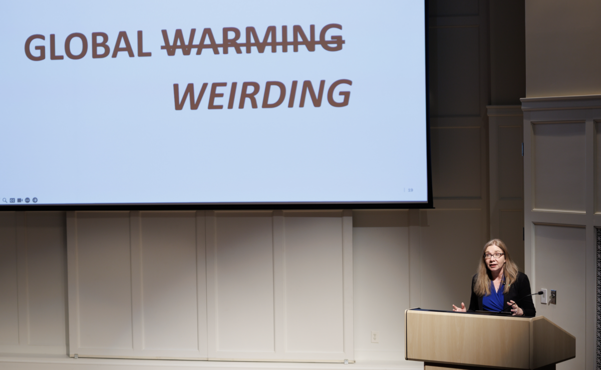Dr. Katharine Hayhoe introduces the idea of “global weirding” to illustrate how framing an issue impacts how it is received (Courtesy of Dallas Agnew)