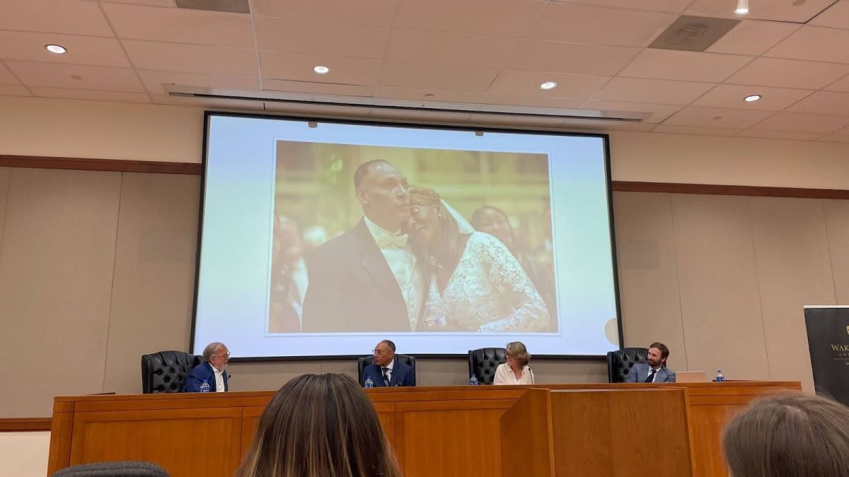 At an April 2 event at the Worrell Professional Center, Wake Forest Law Professor Mark Rabil, exonerated former prisoner Ben Spencer, journalist Barbara Bradley Hagerty and Pre-Law Director Bryan Ellrod discuss Spencer’s path to freedom.